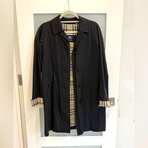 Authentic Burberry London Black Cotton Coat Nova Check Lining Classic Minimal